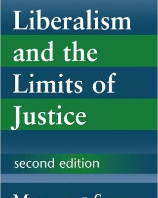 Book Cover image of Liberalism and the Limits of Justice by Michael J. Sandel. The cover features the title of the book in white infront of a blue and green striped background.